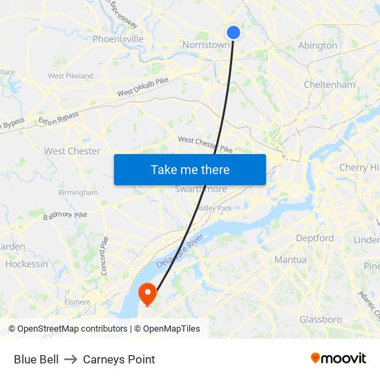 Blue Bell to Carneys Point map