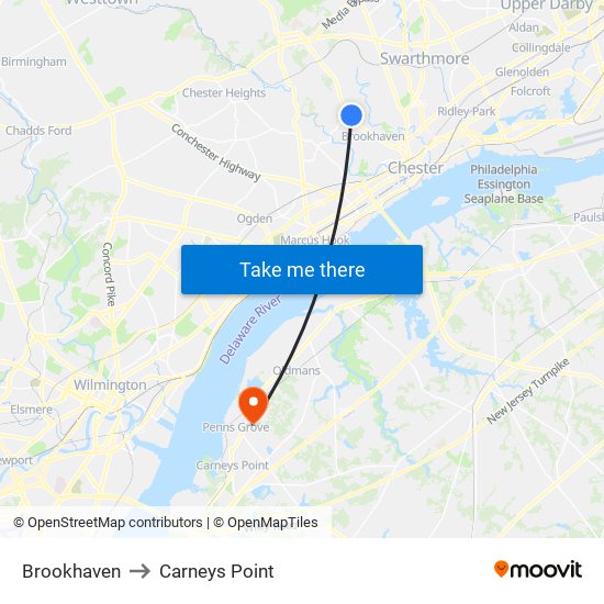 Brookhaven to Carneys Point map
