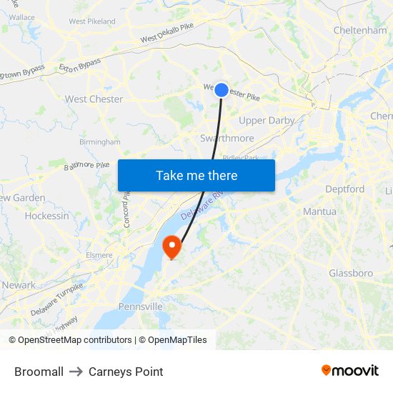 Broomall to Carneys Point map