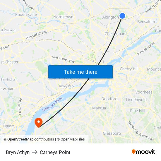 Bryn Athyn to Carneys Point map