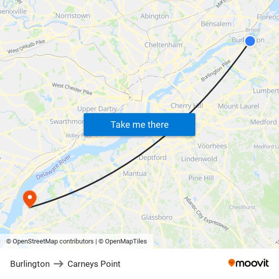 Burlington to Carneys Point map