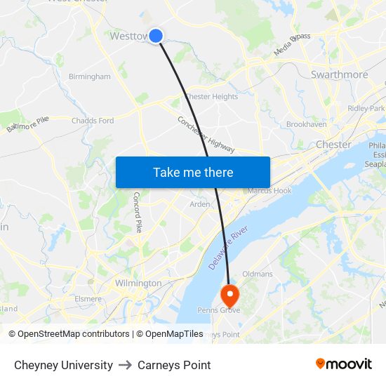 Cheyney University to Carneys Point map