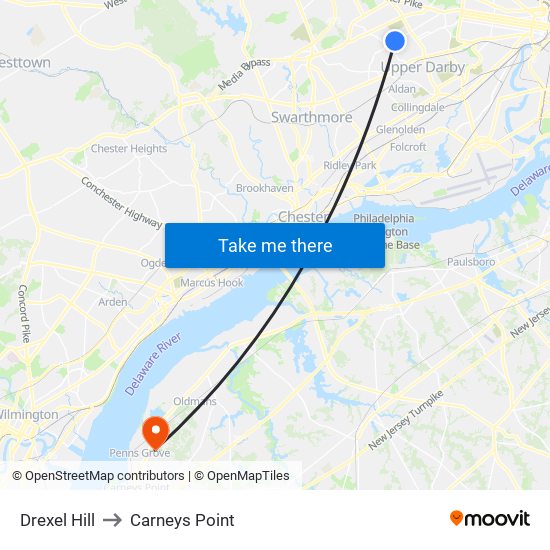 Drexel Hill to Carneys Point map