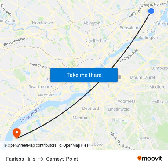 Fairless Hills to Carneys Point map