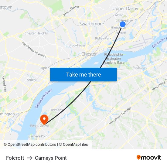 Folcroft to Carneys Point map