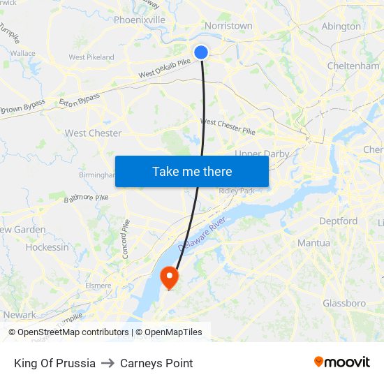King Of Prussia to Carneys Point map