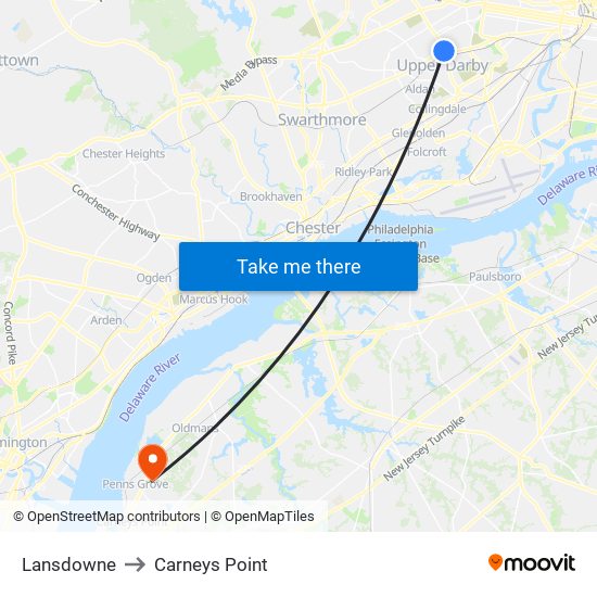 Lansdowne to Carneys Point map