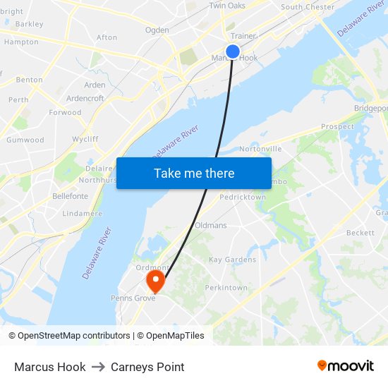 Marcus Hook to Carneys Point map