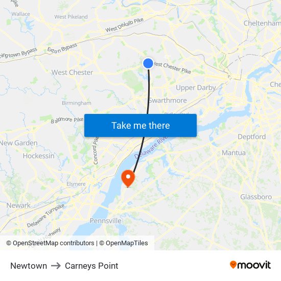 Newtown to Carneys Point map