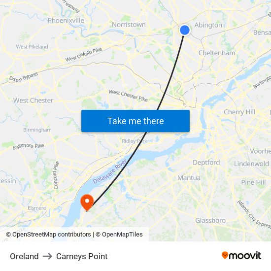 Oreland to Carneys Point map