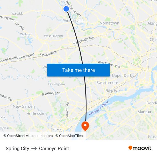Spring City to Carneys Point map