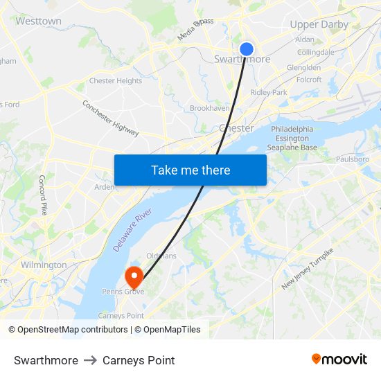 Swarthmore to Carneys Point map