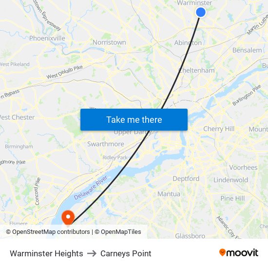 Warminster Heights to Carneys Point map
