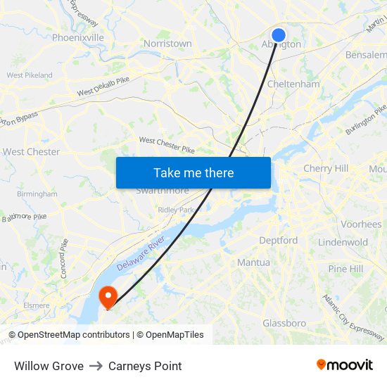 Willow Grove to Carneys Point map