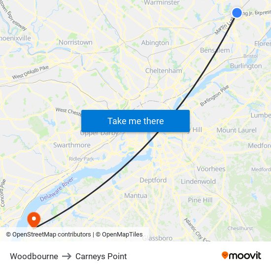Woodbourne to Carneys Point map