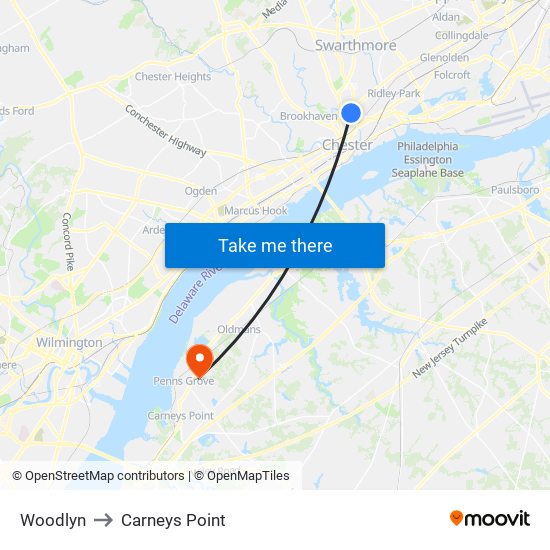 Woodlyn to Carneys Point map