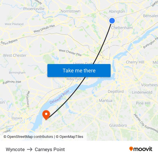 Wyncote to Carneys Point map