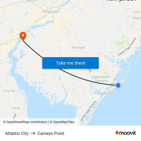 Atlantic City to Carneys Point map