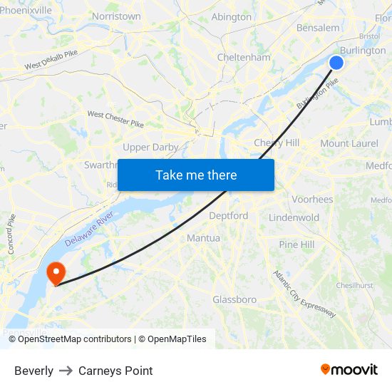 Beverly to Carneys Point map