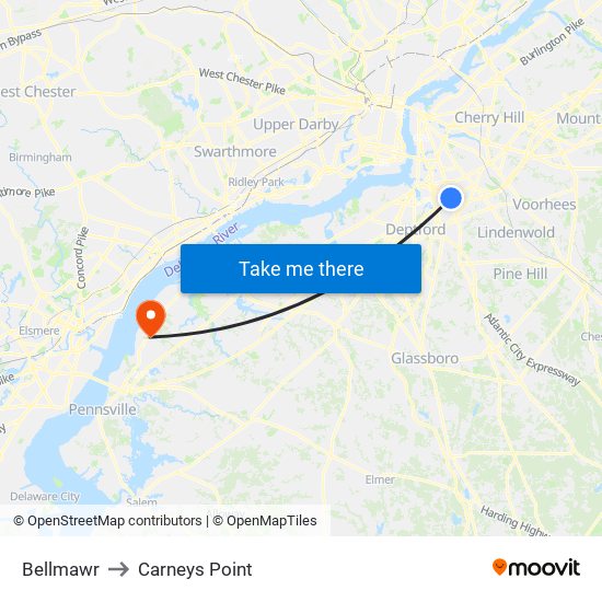 Bellmawr to Carneys Point map