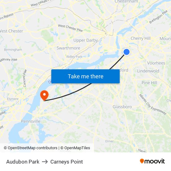 Audubon Park to Carneys Point map