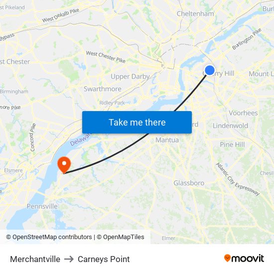 Merchantville to Carneys Point map