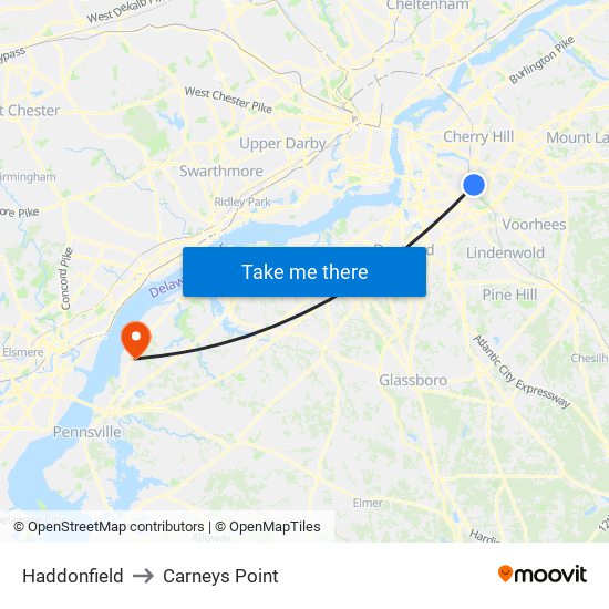 Haddonfield to Carneys Point map