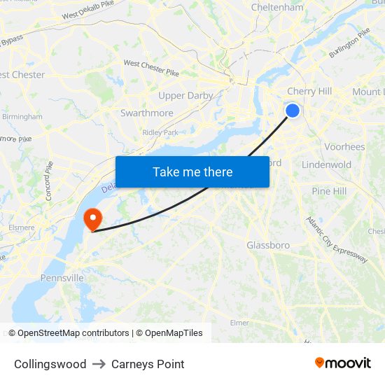 Collingswood to Carneys Point map