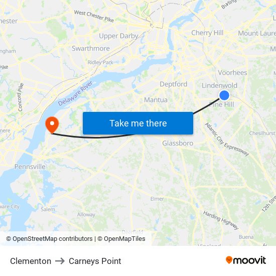 Clementon to Carneys Point map