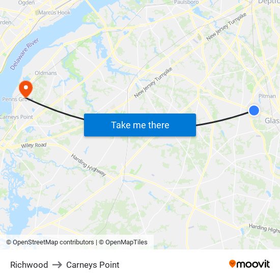 Richwood to Carneys Point map