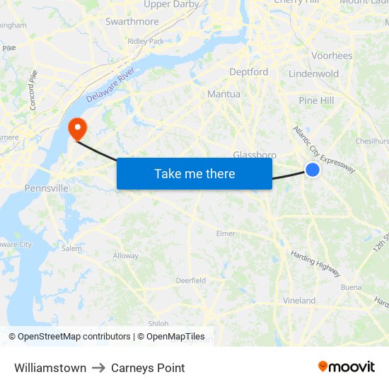 Williamstown to Carneys Point map