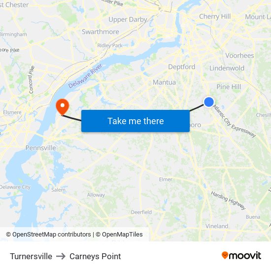 Turnersville to Carneys Point map