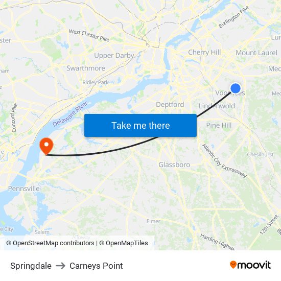 Springdale to Carneys Point map