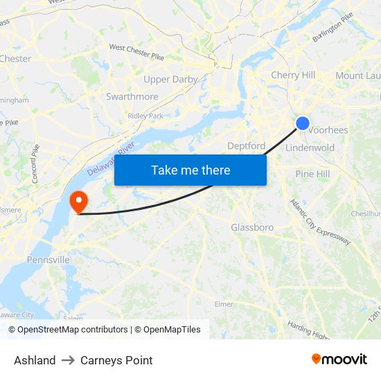 Ashland to Carneys Point map