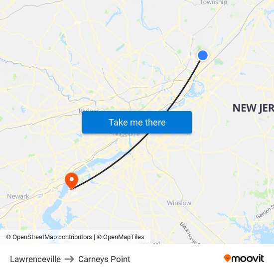 Lawrenceville to Carneys Point map