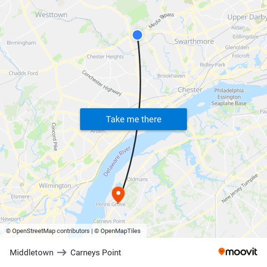 Middletown to Carneys Point map