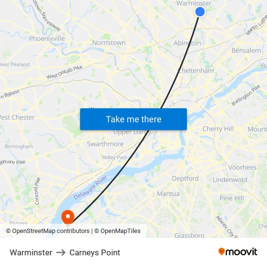 Warminster to Carneys Point map