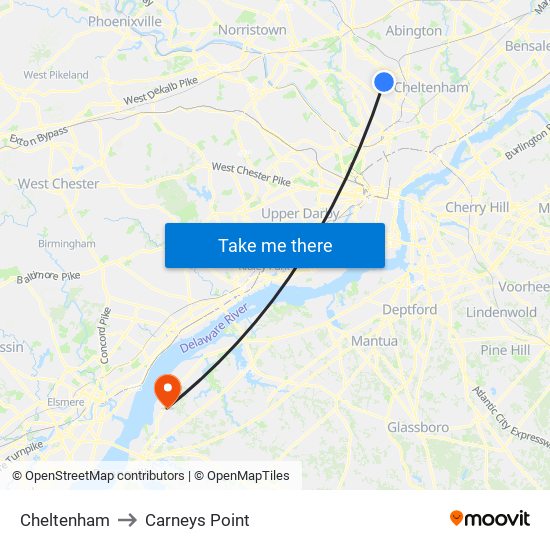 Cheltenham to Carneys Point map