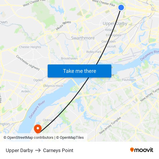 Upper Darby to Carneys Point map
