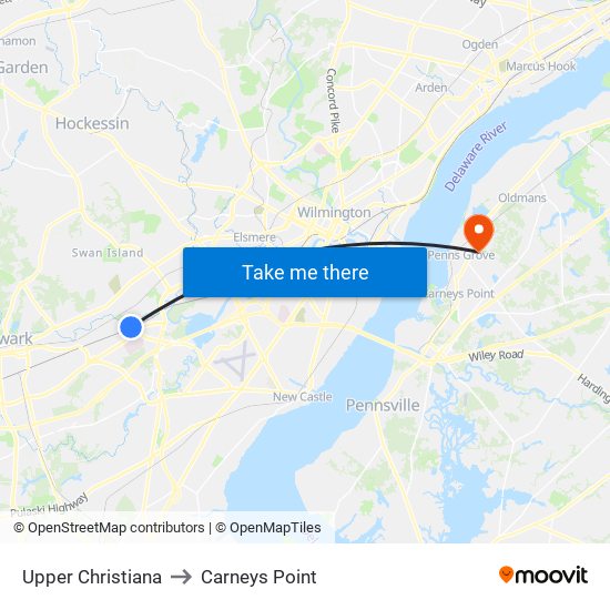 Upper Christiana to Carneys Point map