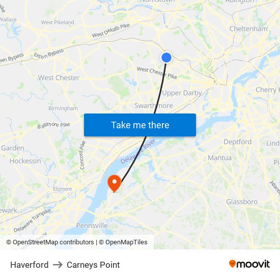 Haverford to Carneys Point map