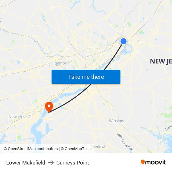 Lower Makefield to Carneys Point map