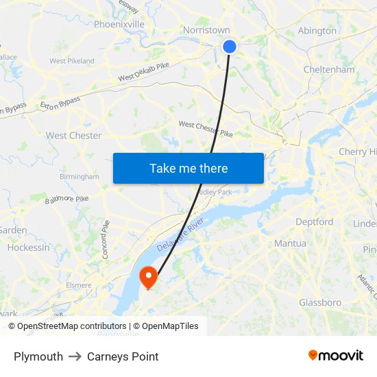Plymouth to Carneys Point map