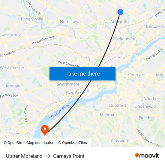 Upper Moreland to Carneys Point map