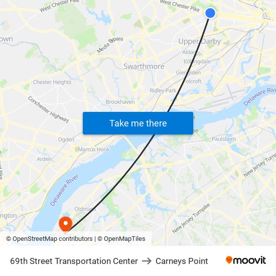 69th Street Transportation Center to Carneys Point map