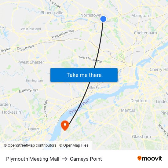 Plymouth Meeting Mall to Carneys Point map