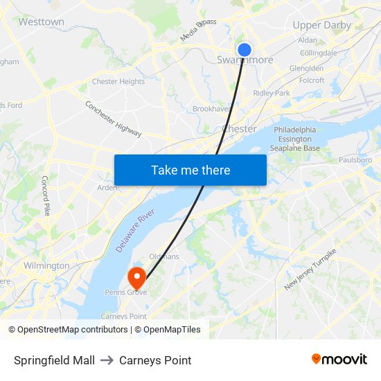 Springfield Mall to Carneys Point map
