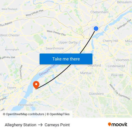 Allegheny Station to Carneys Point map