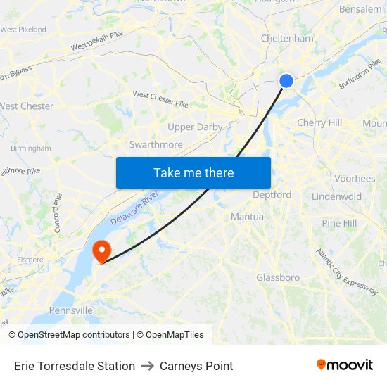 Erie Torresdale Station to Carneys Point map
