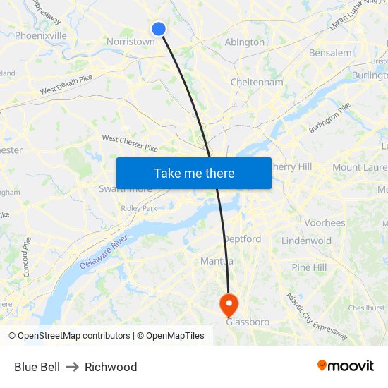 Blue Bell to Richwood map